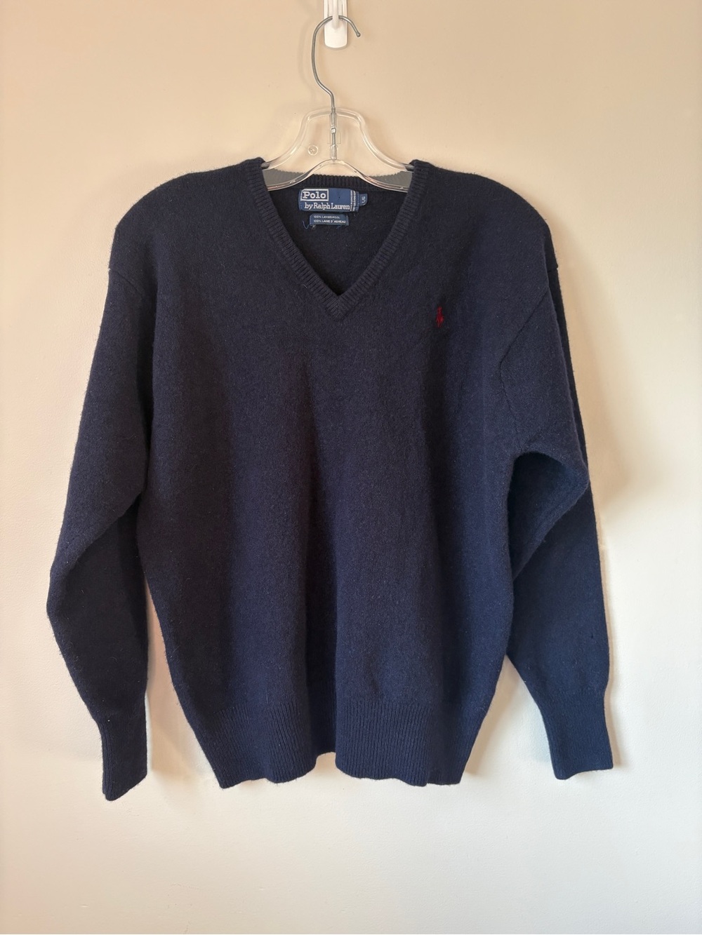 Vintage Polo Ralph Lauren Lambswool V-Neck Navy Blue Sweater Large L